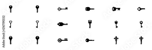 Key set with various antique keys featuring ornate designs, simple shapes, skeleton keys with vintage details and isolated outlines