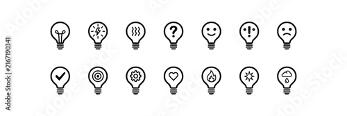 Light bulb set with diverse icons featuring idea, emotion, checkmark, target and question mark with sun, cloud and heart