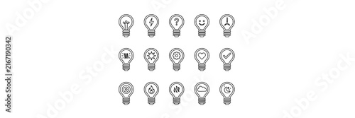 Light bulb set with various designs featuring idea, innovation, thinking, solution, and creativity with spark, question mark, heart, checkmark, and star
