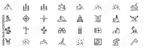 Mountain landscape set with minimalist icons featuring mountain range, pine trees, campfire, tent, compass with snow, sun, and hiking boots