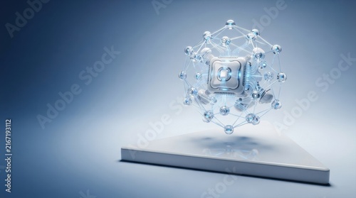 Futuristic AI neural network core glowing with digital data nodes in 3D holographic display