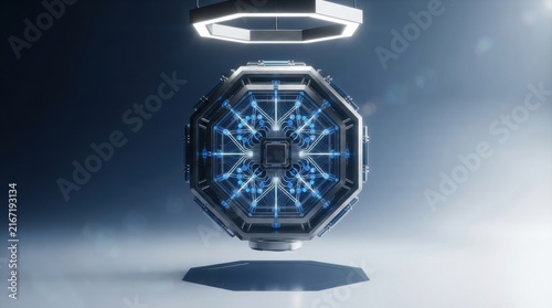Futuristic AI neural network core glowing with digital data streams in 3D hexagonal frame