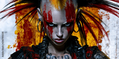 surreal retro punk woman with wild mohawk hairstyle, rebellious 1980s underground aesthetic, vintage punk fashion collage, eccentric vintage punk subculture