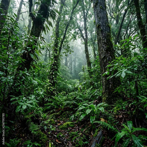 Foggy tropical rainforest with dense green foliage.