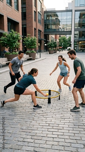 Friends playing spikeball game in urban city square.