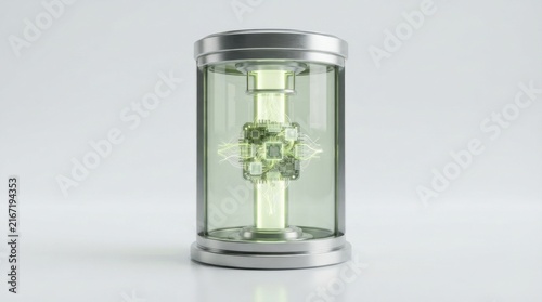 Transparent glass jar with floating green AI neural network core in minimalist lab setting