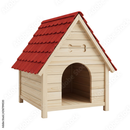 A small wooden dog house with a red roof