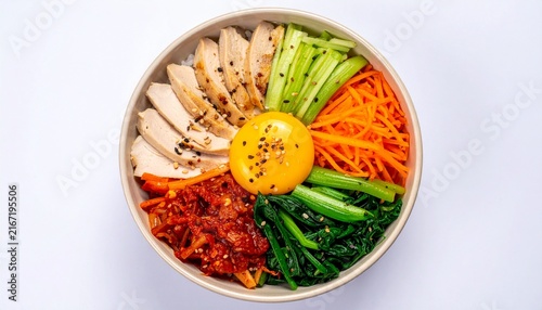 Delicious Korean Bibimbap with Chicken and Fresh Vegetables.