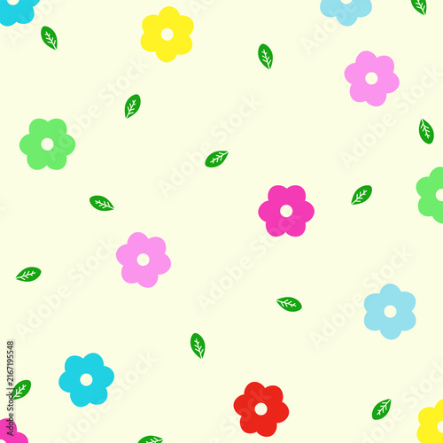 Cute colorful flower and leaf seamless pattern on cream background.