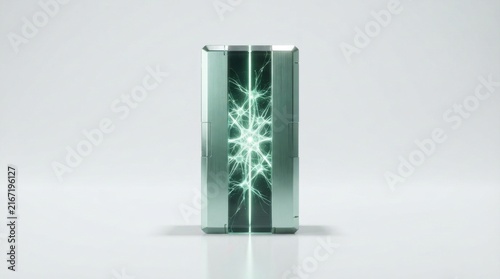 Futuristic AI data core glowing with neural network technology in sleek transparent monolith