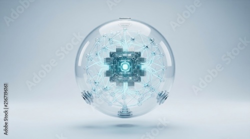 3D digital brain with glowing neural network core inside futuristic transparent sphere