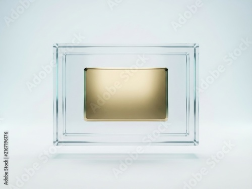 Gold credit card inside a transparent glass frame on a clean white background