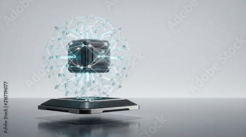 Futuristic AI neural network processor cube glowing with digital data flow and circuit patterns