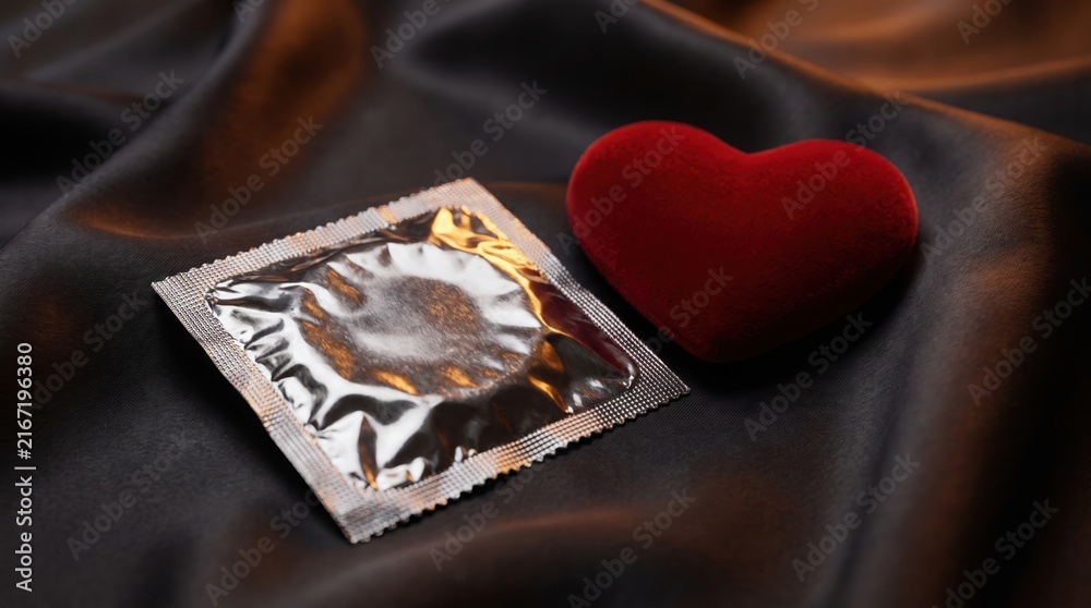 Obraz premium Condom foil pack lying beside red velvet heart on elegant dark satin fabric.