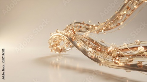 Golden neural network data ribbon with flowing digital strands and futuristic glow
