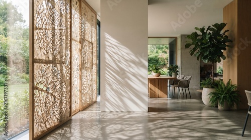 Japandi-inspired architectural photography of a sunlit interior with perforated screens casting intricate shadows on polished concrete floors, a tranquil biophilic design concept.