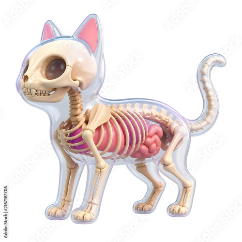 International Cat Day feline anatomy model showing internal organs and skeletal structure.