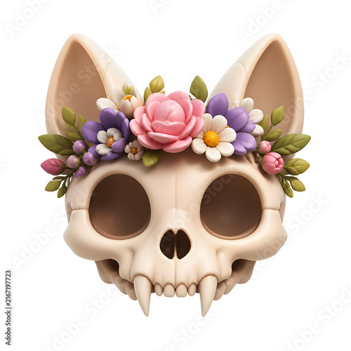 International Cat Day feline skull adorned with vibrant spring blossoms and delicate botanical elements.