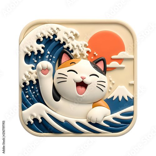 International Cat Day featuring a cute lucky feline character with traditional Japanese ocean waves and mountain art style.