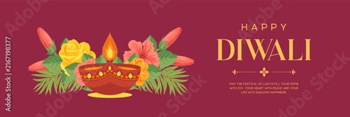 Vector Happy Diwali horizontal banner template with burning oil diya lamp, yellow roses, and hibiscus flowers. Festival of lights celebration header or greeting card design in rich maroon style.