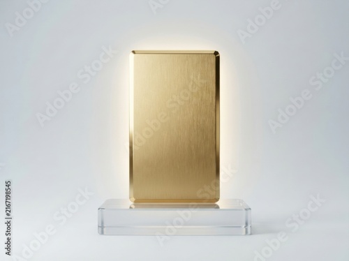 Gold credit card on glass pedestal, premium banking and luxury financial concept.