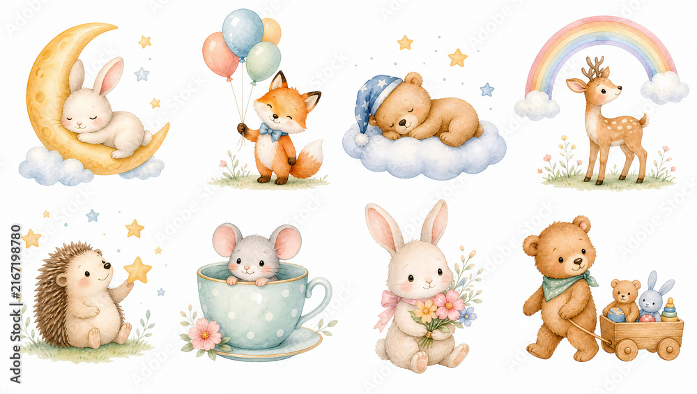 Naklejka premium Cute watercolor nursery animal clipart set. Bunny bear fox deer hedgehog mouse with moon rainbow balloons wagon isolated on white background. Baby shower and kids design elements