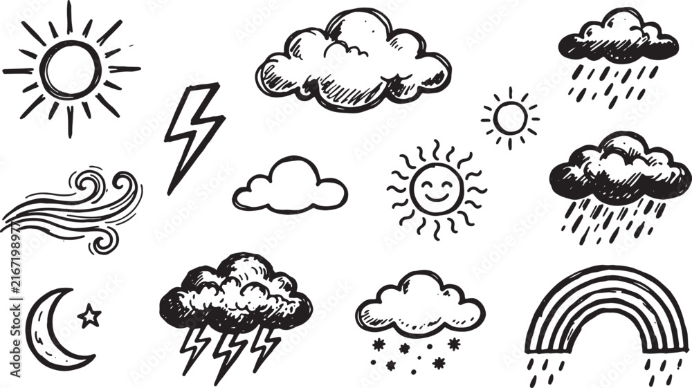 Obraz premium Black and white line collection of mushrooms, clouds, and sun