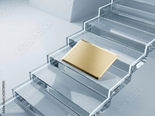 Gold credit card placed on modern glass stairs representing financial growth and success.