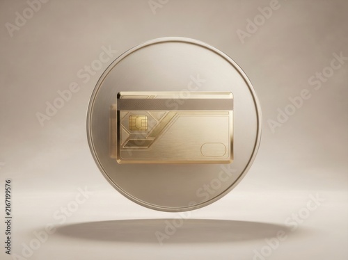 Premium gold credit card floating on a circular platform for luxury financial services.