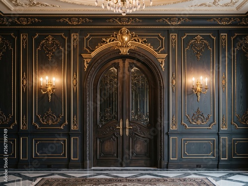 Luxurious ornate arched double wooden door in a grand neoclassical interior with dark wood wall paneling, intricate gold molding, decorative sconces, crystal chandelier, marble floor and elegant 