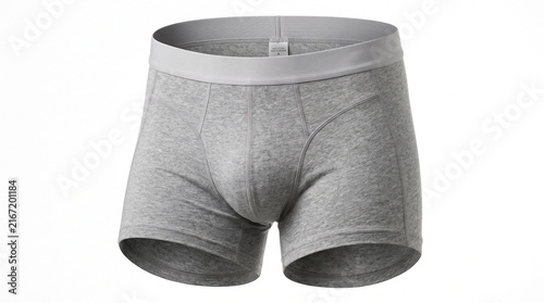 Comfortable men underwear with gray cotton boxer shorts on white background. Briefs underwear includes elastic waistband and soft fabric. Essential men underwear for daily apparel or catalog.