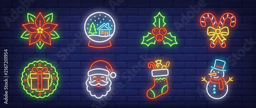 Neon Christmas icons set with festive holiday symbols and glowing lights on dark background