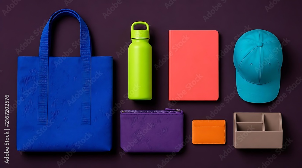 Collection of colorful everyday objects arranged on a dark background.