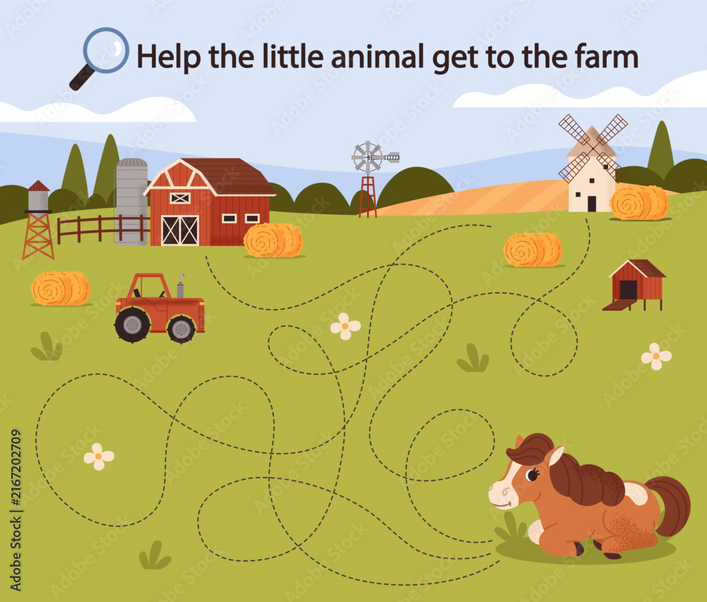 Naklejka premium Help the little animal get to the farm. Logic game for children. Maze. Riddle. Preschool education. Find. Guess the correct answer. Farm animal. Horse. Barn, haystack, tractor. Vector illustration.