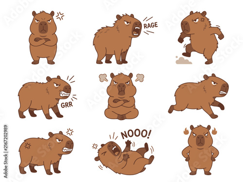 Принти на полотні A collection of nine cartoon capybaras expressing various emotions of anger, frustration, and rage with different poses and expressions