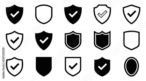 Vector illustration of set of various shield icons with check marks and empty designs on a transparent background