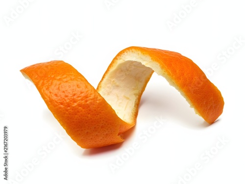 Spiral orange peel strip isolated on white background for healthy food and citrus concepts