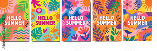 Hello Summer vector illustration set featuring colorful tropical leaves, flowers, waves, and abstract shapes in vibrant modern geometric design