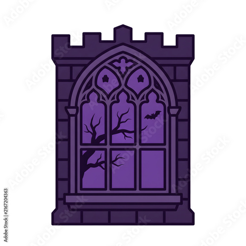 Gothic Haunted Castle Window Silhouette with Spooky Tree and Bat for Halloween Decorative Design Elements