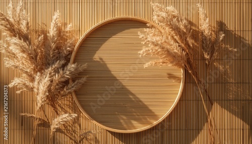 Blank round wooden tray mockup with dried pampas grass and soft shadows on a warm textured background