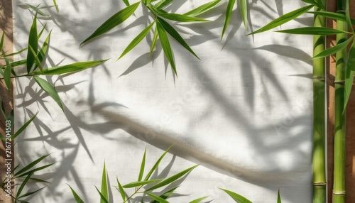 Green bamboo leaves and abstract botanical shadows on a light textured background