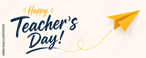 Happy teacher day greeting card design featuring a vibrant yellow paper plane flying across a clean bright white minimal background