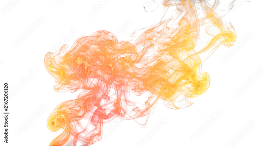 Fototapeta premium Colorful swirling smoke in orange yellow and white hues against a clean white background abstract and dynamic for artistic designs
