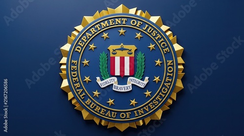 FBI Seal Close-up: A detailed close-up of the Federal Bureau of Investigation seal, showcasing its intricate design and emblem against a deep blue background, symbolizing justice and investigation.