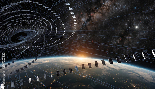Futuristic satellite constellation orbiting Earth for global communication and data network coverage