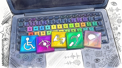 Accessibility Technology on Keyboard: A close-up illustration shows a laptop keyboard with colorful keys, each representing a different accessibility symbol.