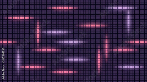 Abstract pixel art pattern with glowing blue and pink rectangular shapes on dark background