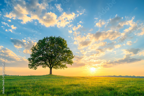 Solitary tree standing tall in a lush green field beneath a golden sunset sky.
