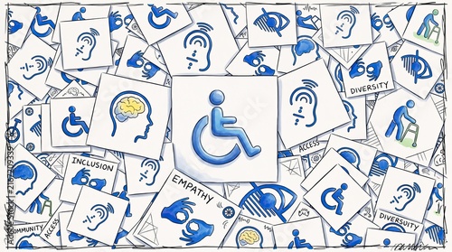 Symbols of Inclusion: A collage of diverse icons representing accessibility, empathy, and diversity, promoting a world where everyone is valued and included, celebrating human differences.