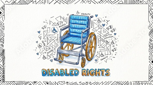 Wheelchair Advocacy: A stylized illustration of a blue wheelchair adorned with hearts and accessibility symbols.